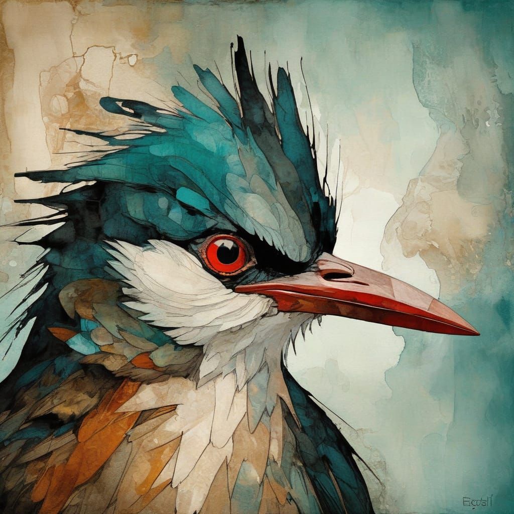 Abstract Bird Portrait in Watercolor Style