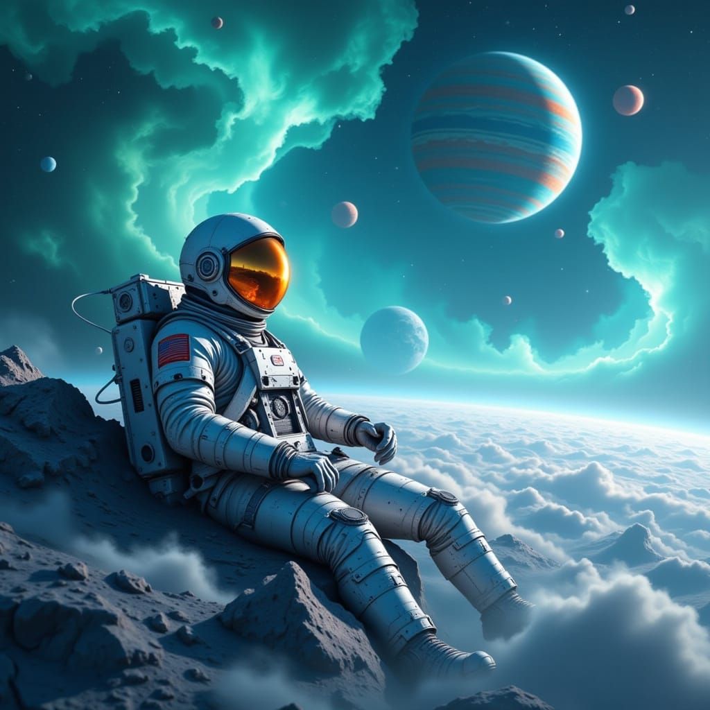 Astronaut Adrift Near Alien Ship with Ringed Planet