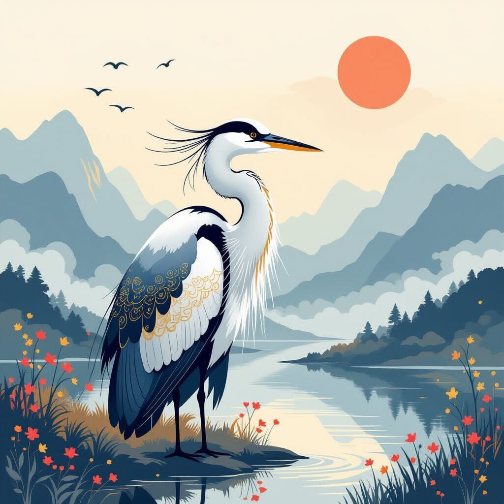 Heron in Gold Leaf Attire, Misty Landscape