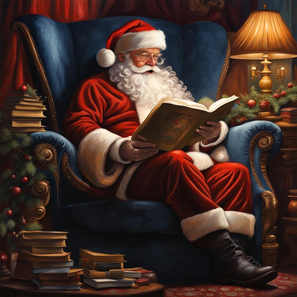 Santa Claus Reading Book in Cozy Chair
