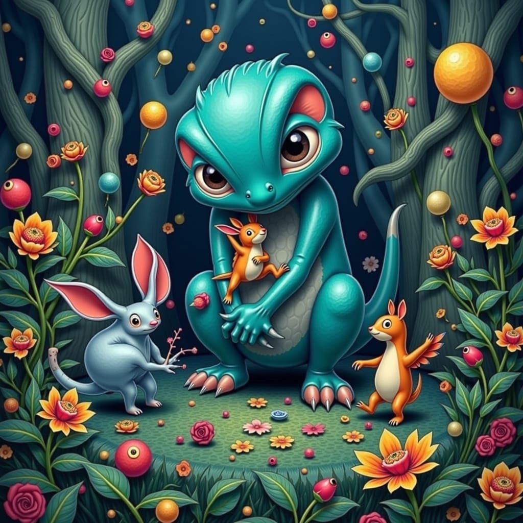 Whimsical Creatures Dance in Vibrant Forest