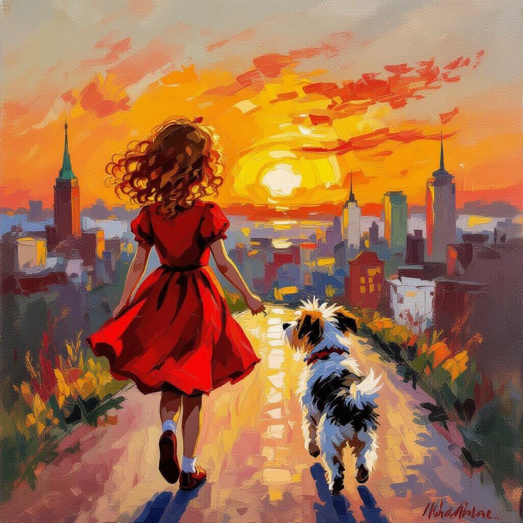 Orphan Annie and Sandy in Vibrant Sunset Cityscape