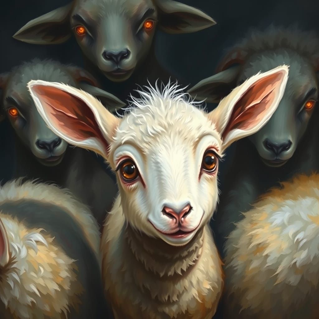 Frightened Lamb Surrounded by Shadowy Sheep