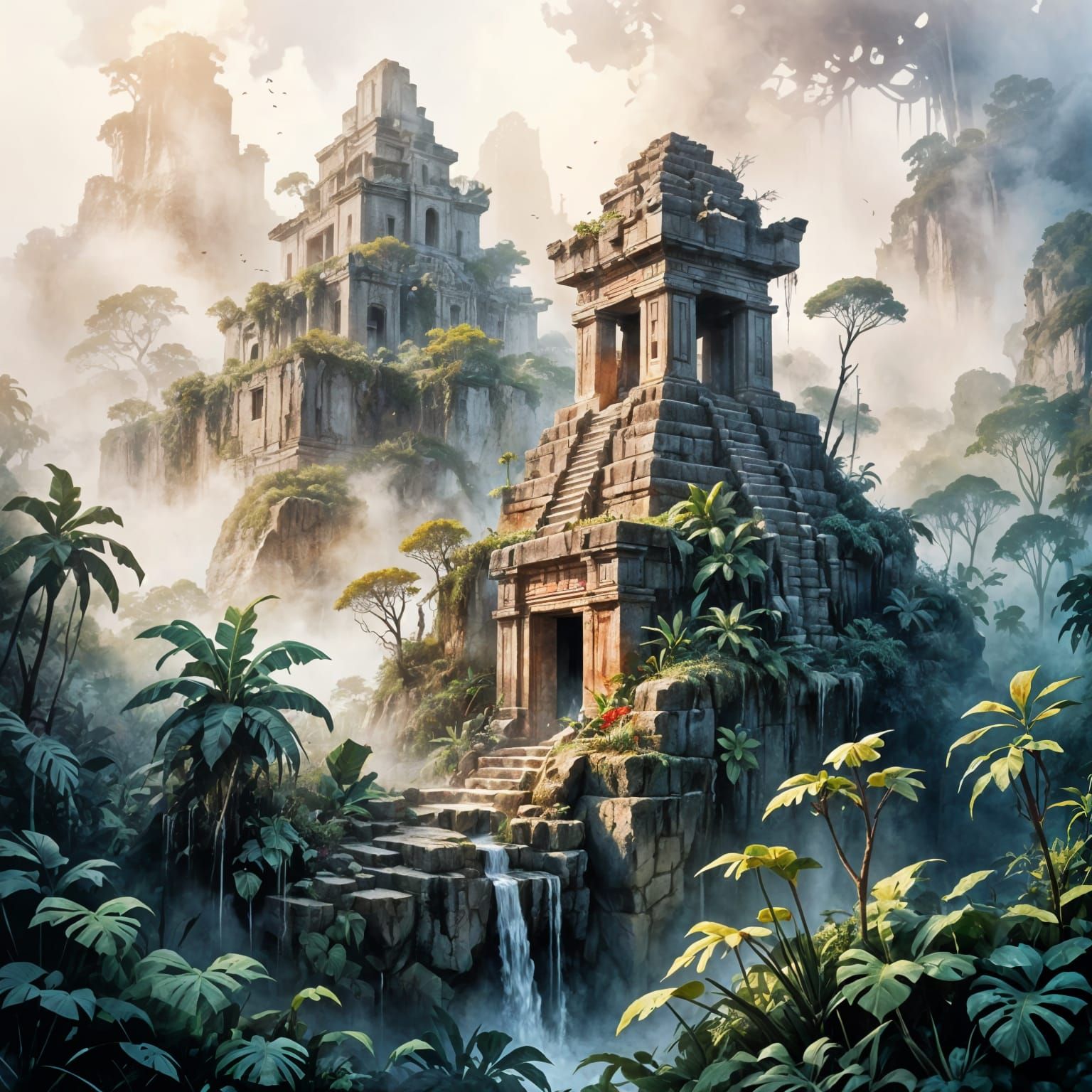 Majestic Mayan Ruins Emerge from Misty Jungle