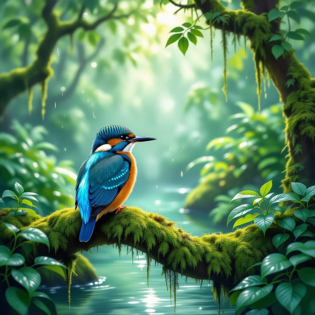 Kingfisher in Secret Garden, Impressionist Style