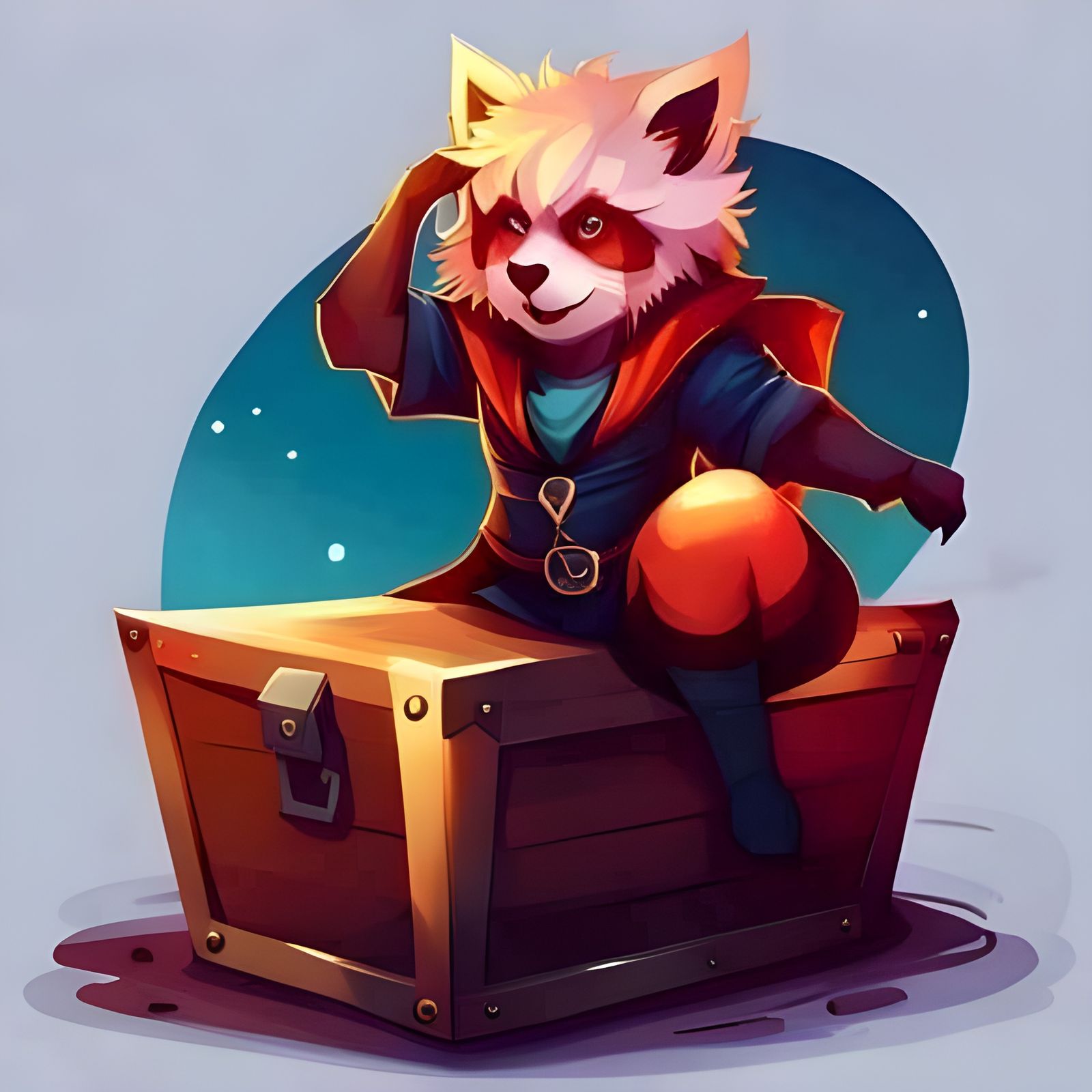 Red Panda Wizard on Treasure Chest, Digital Art