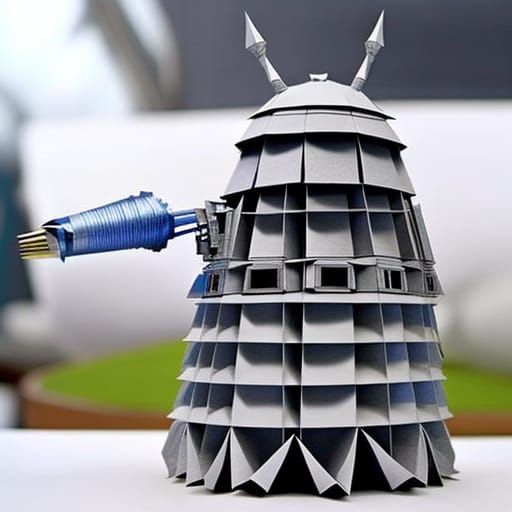 Origami Dalek made from blue and gray paper with plunger and...
