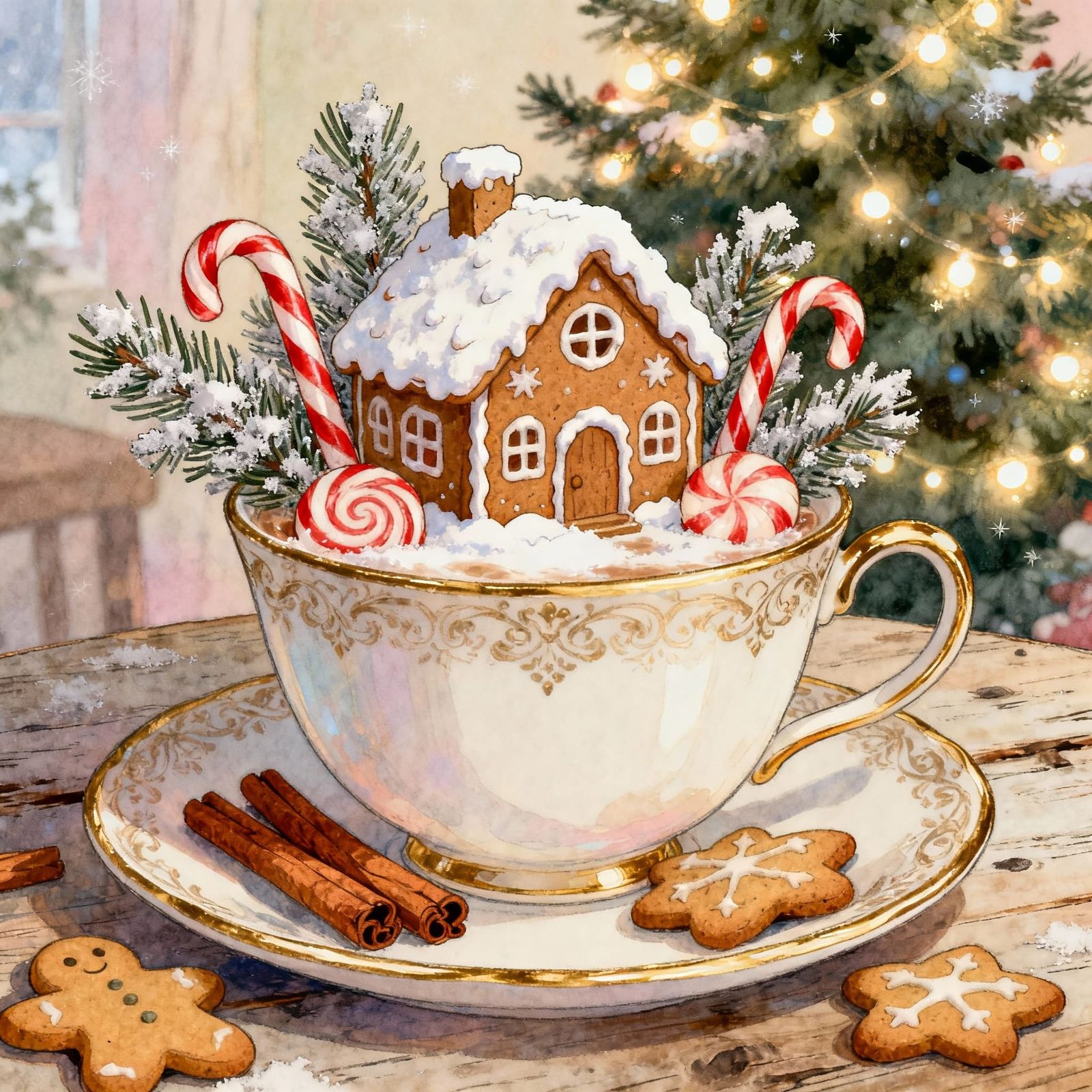 Cozy Holiday Teacup with Gingerbread House Scene