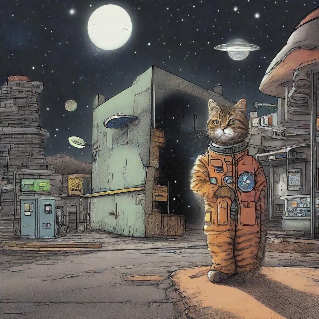 Tabby Space Cat at Alien Gas Station