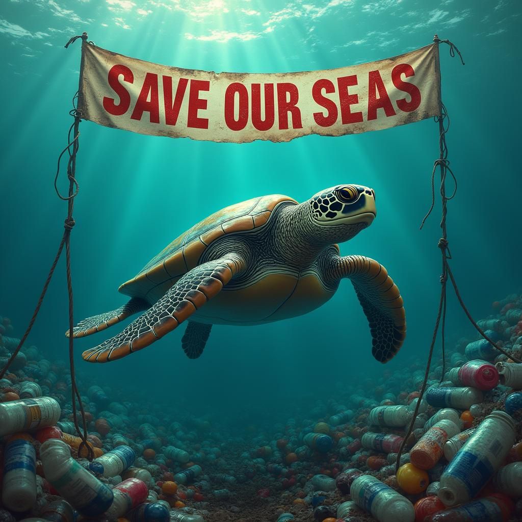 Sea Turtle in Polluted Ocean: Digital Matte Painting