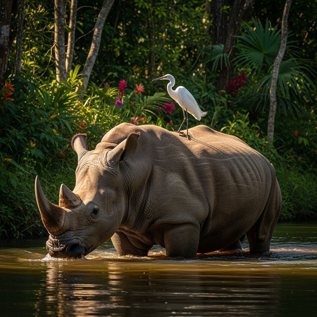 Rhino and Egret in Jungle River