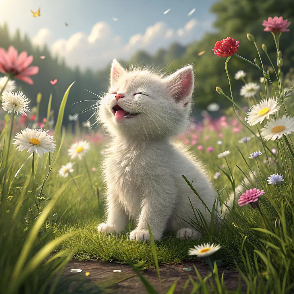 Fluffy Kitten in Grassy Field: 3D Rendered