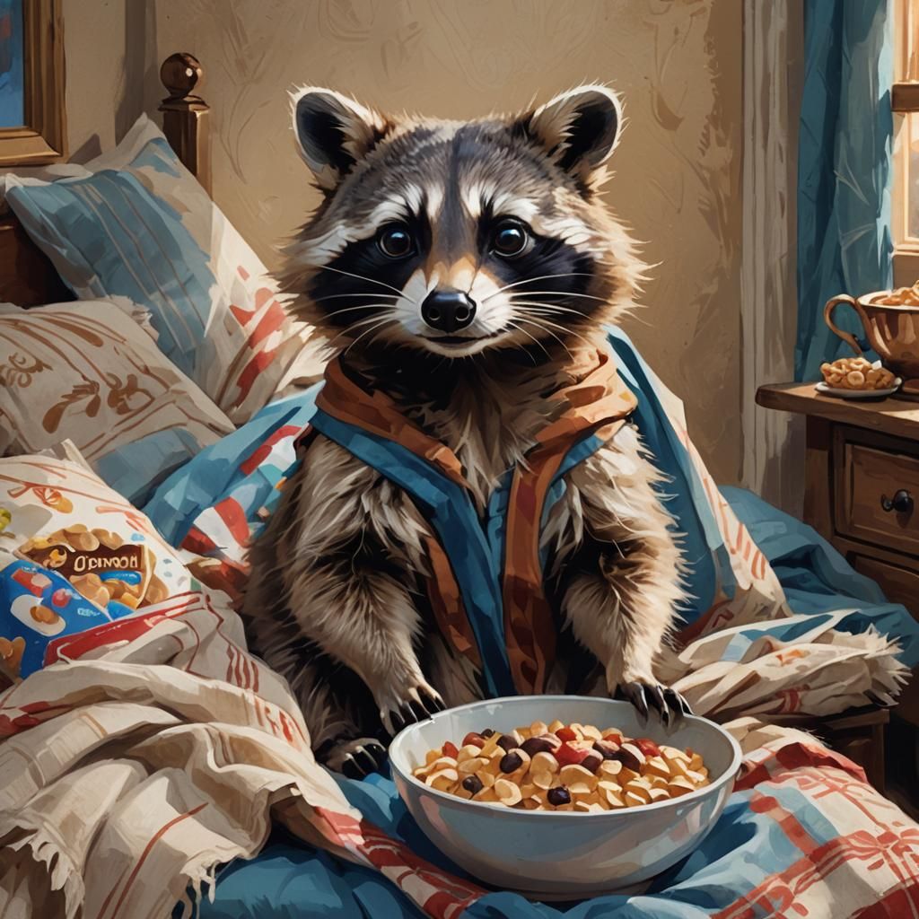Raccoon Relaxing in Bed: Vivid Digital Art