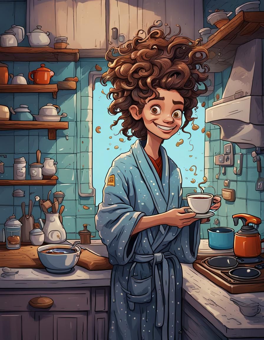 Funny Cartoon Woman Making Coffee in Kitchen