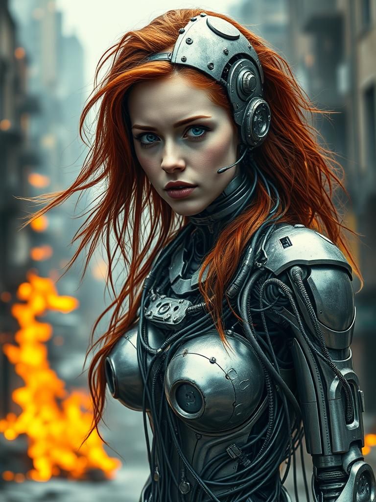 Cyborg Woman in Burning City: Pre-Raphaelite Portrait