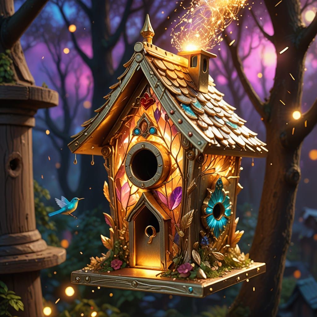 Radiant Birdhouse Made of Light: Digital Art