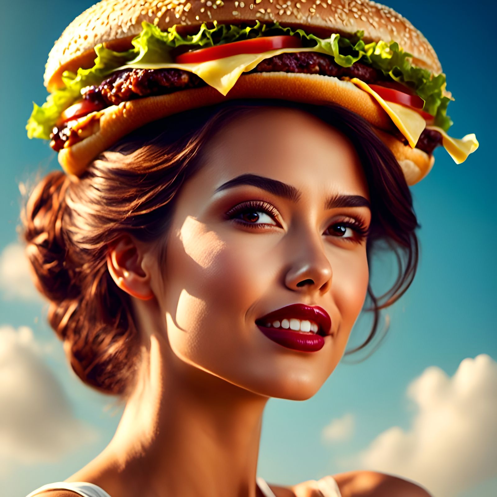 Hyperrealistic Woman with Hamburger Hat in Sunny Sky
