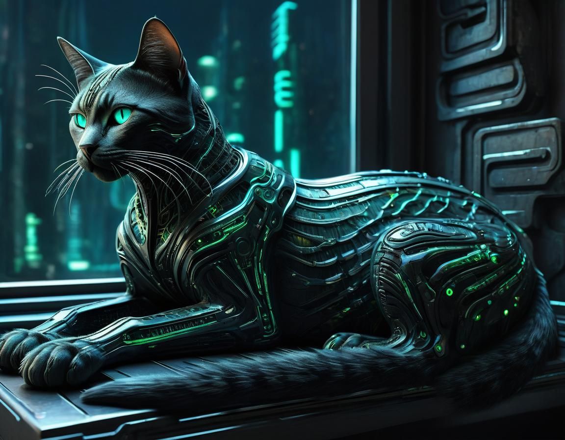 Cybernetic Cat Lounging on Windowsill in Biomechanical Style