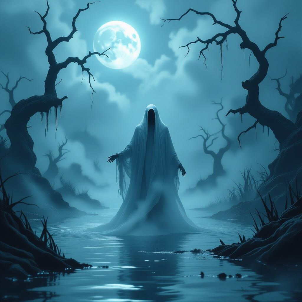 Ethereal Ghostly Apparition in Moonlit Swamp