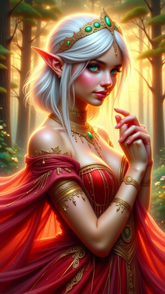 Elven Woman in Red Gown, Fantasy Art Portrait