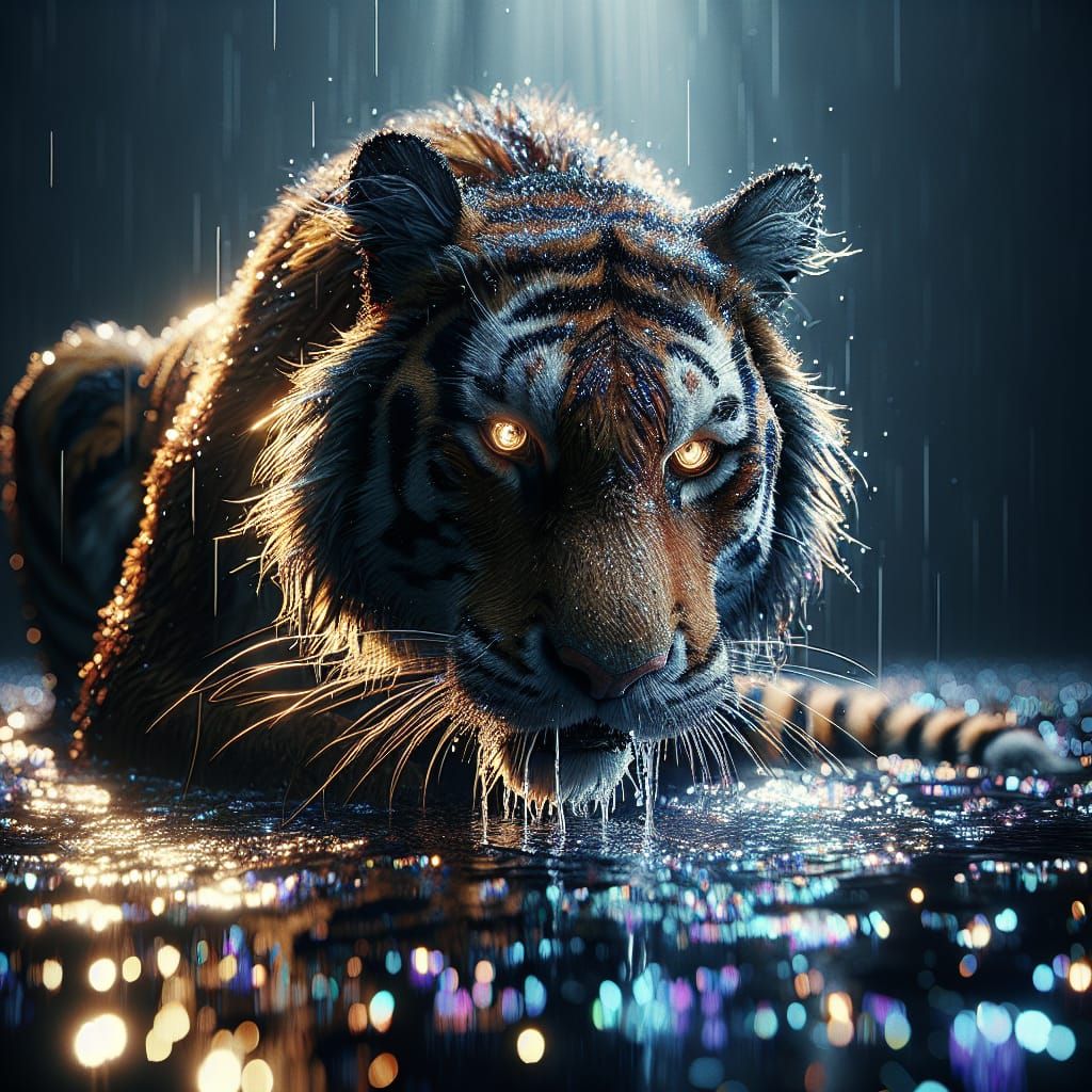 Photorealistic Tiger Drinking, Bioluminescent Glitter, 16k