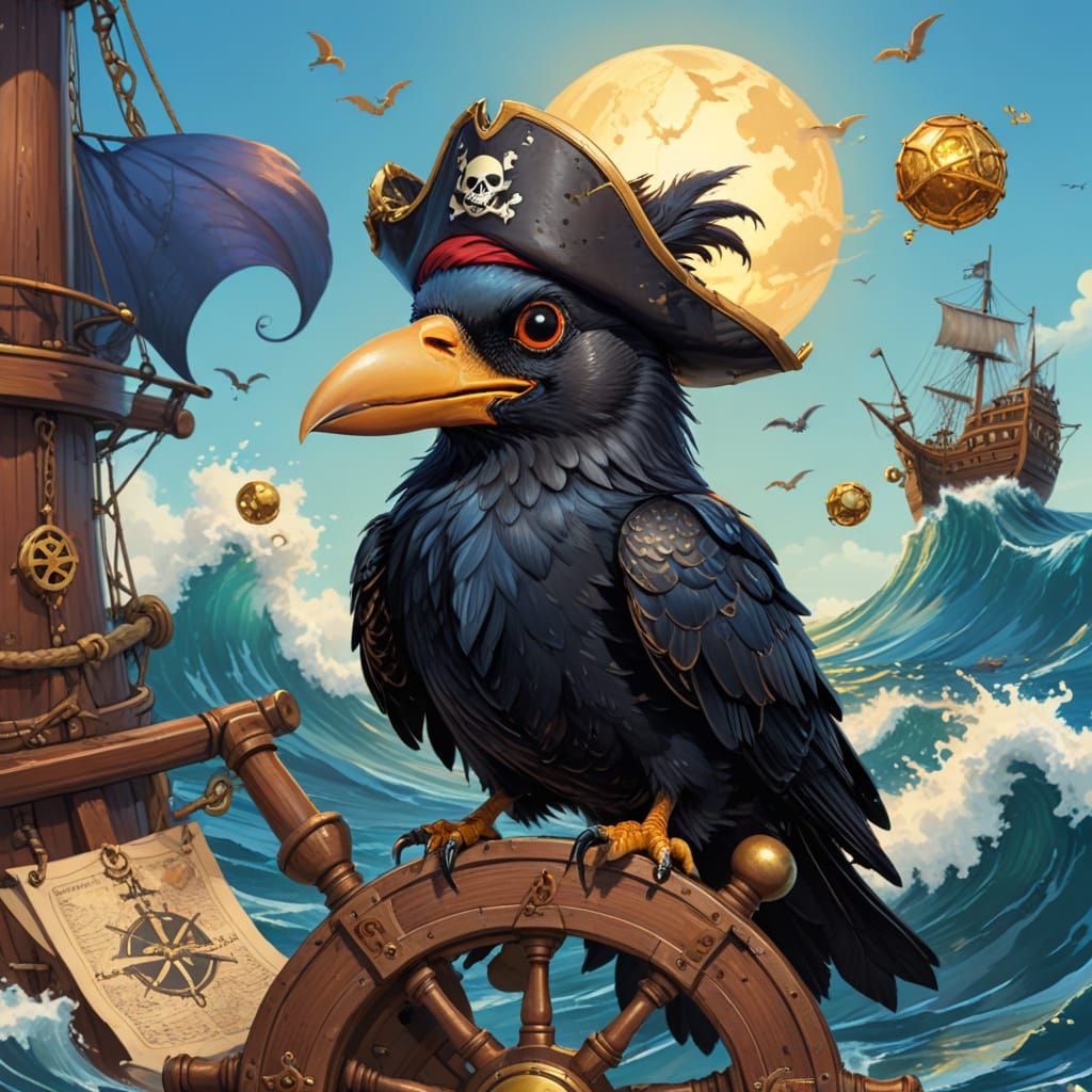 Pirate Crow Cartoon Illustration on Ship Wheel