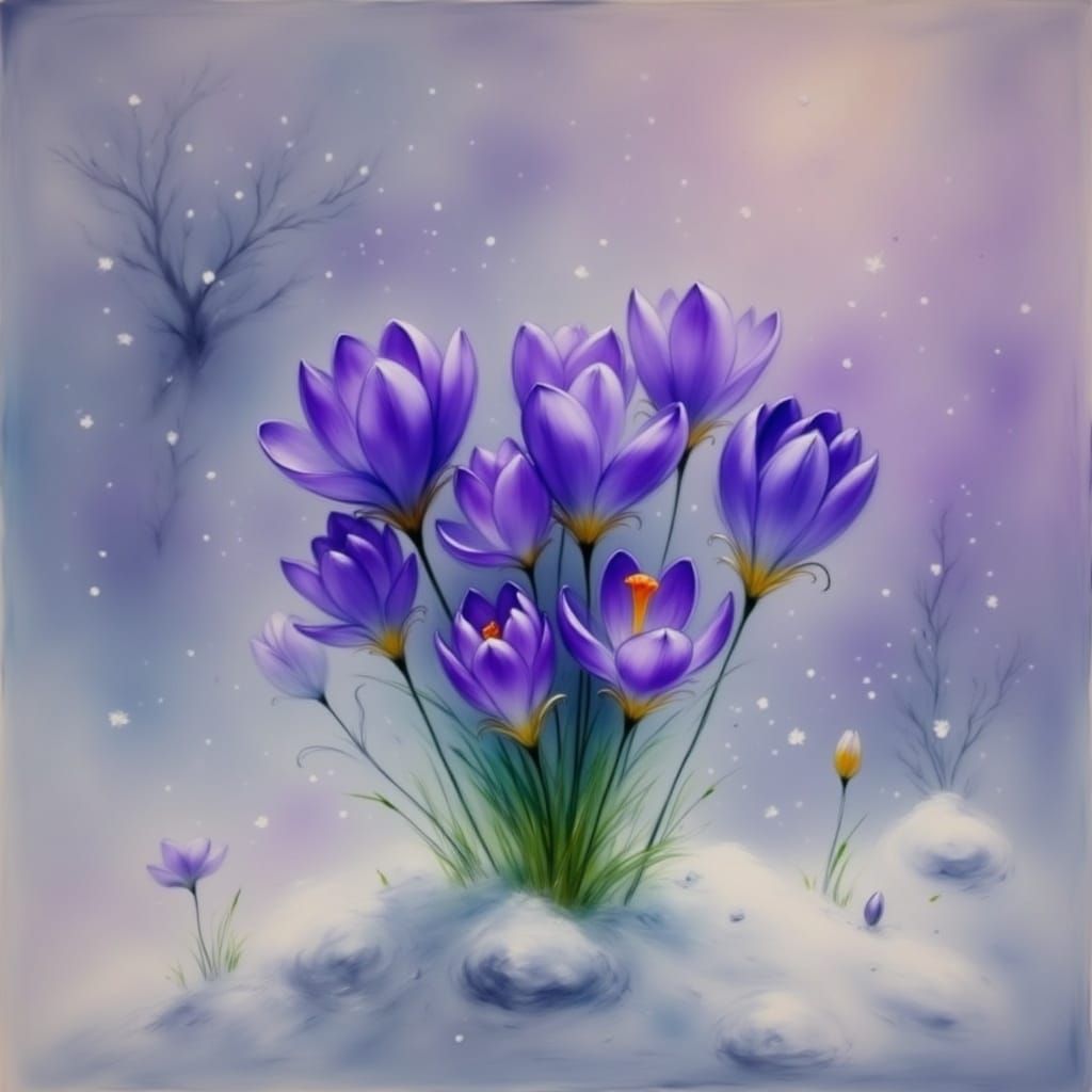 Velvety Purple Crocus Blooms in Winter Wonderland Landscape