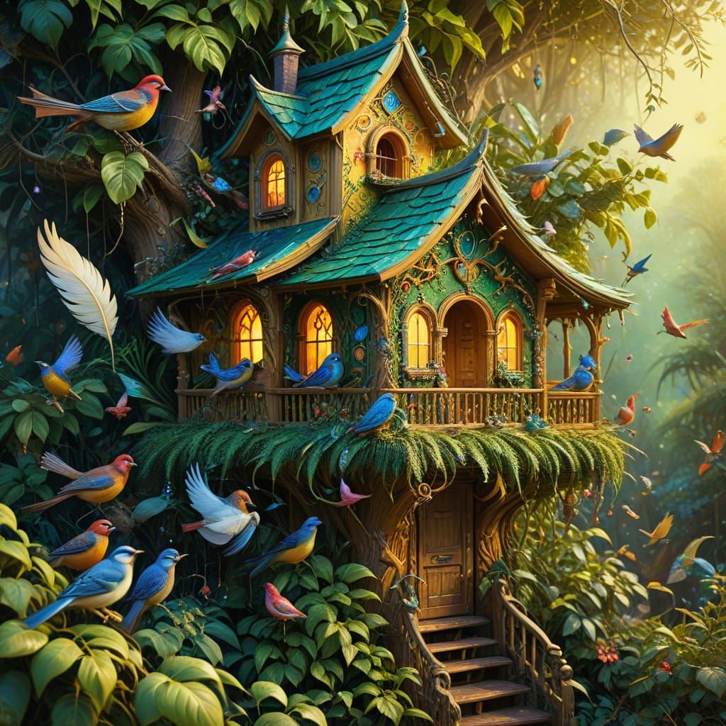 Enchanting Birdhouse Scene in Impressionist Style