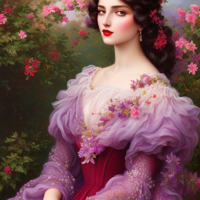 Beautiful Woman in Garden, Digital Oil Painting