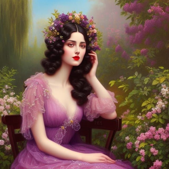 Beautiful Woman in Garden, Oil Painting Style