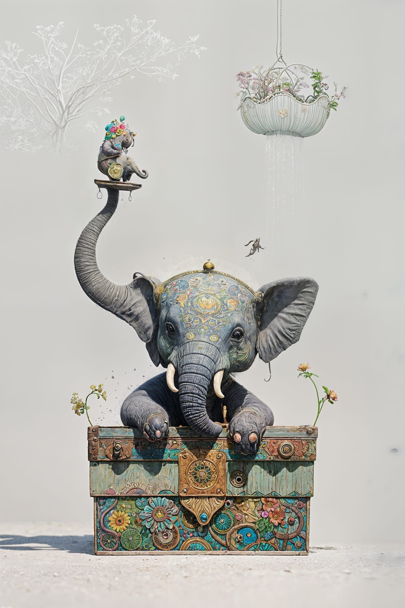 A Happy Elephant in an Intricately Detailed Box