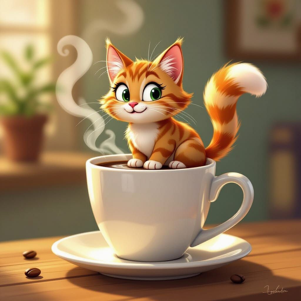 Whimsical Cat on Coffee Mug in Cartoon Style