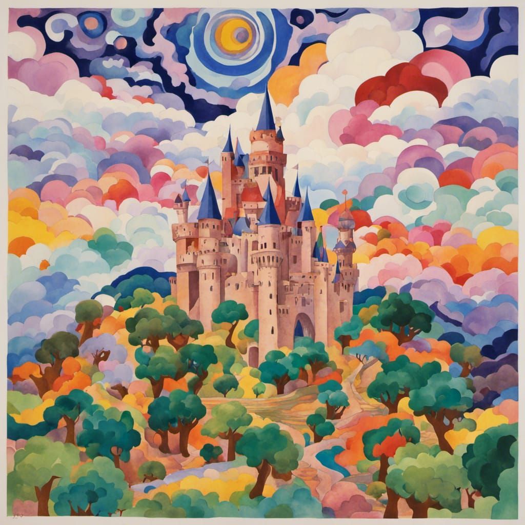 Surreal Castle in Vibrant Watercolour Style