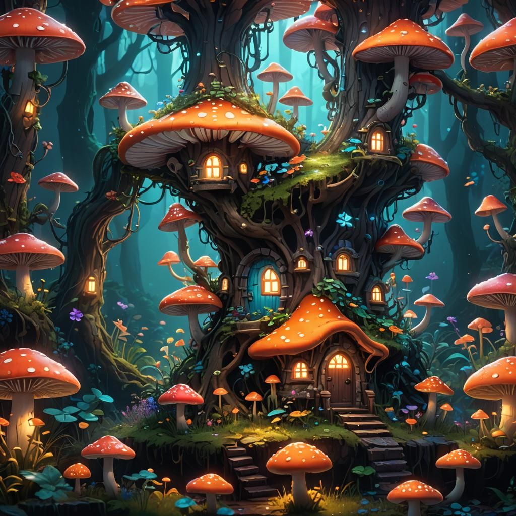 Pixel Art Fairy House in Bioluminescent Forest