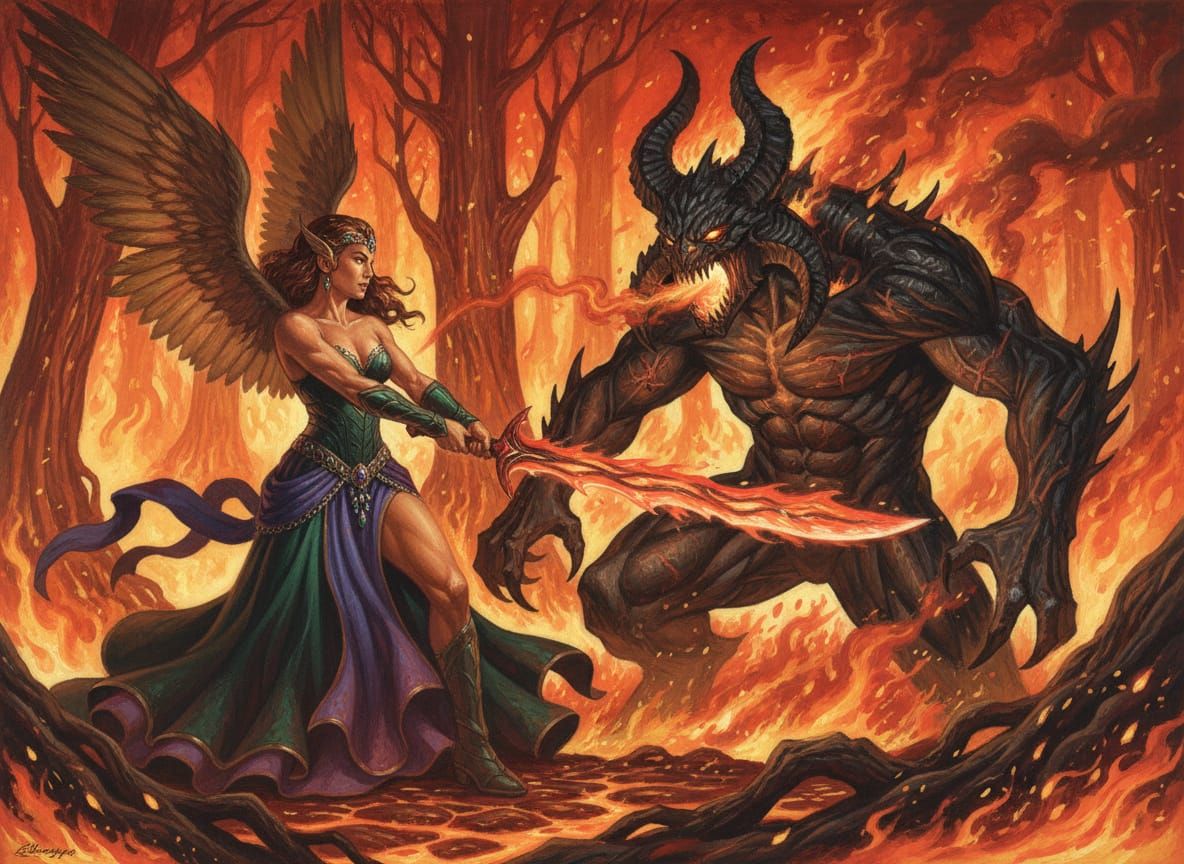Fae Warrior Battles Demonic Foe in Fiery Forest