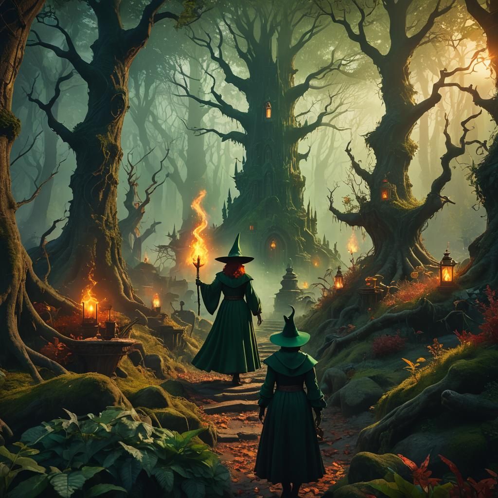 Wicked Witch Conjuring Spells in Mystical Forest