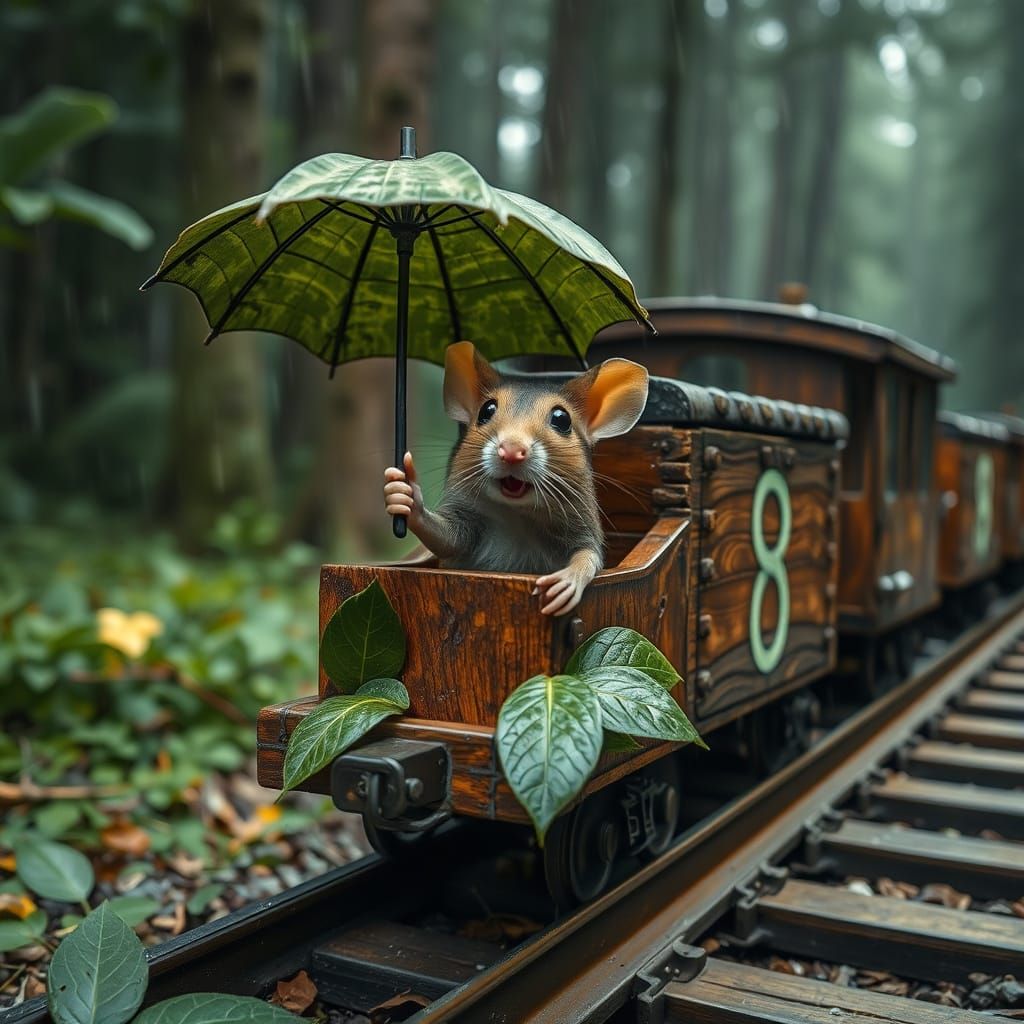Hyperrealistic Mouse Averts Storm on Wooden Train