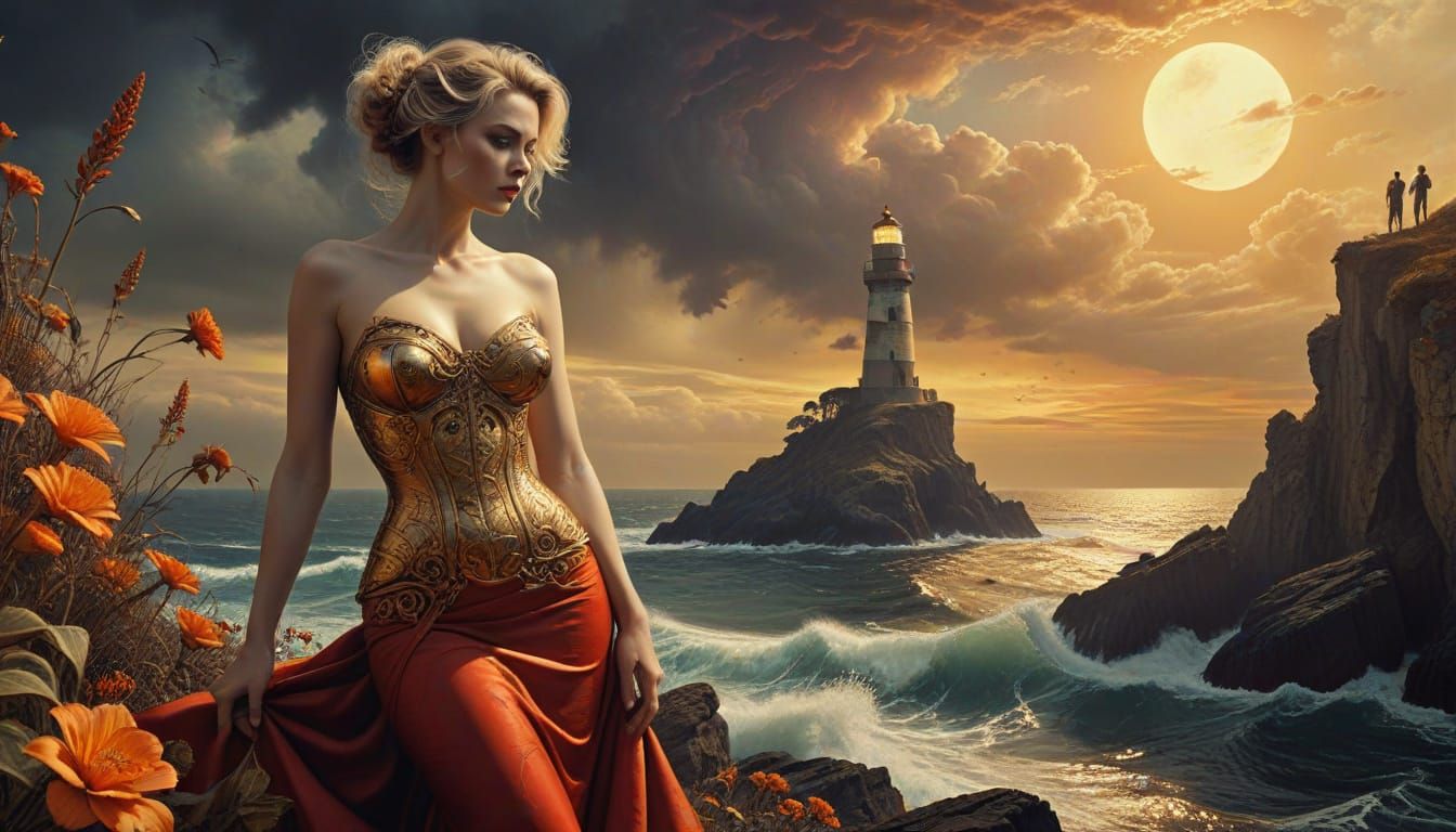 Surreal Gothic Lighthouse at Sunset with Pin-Up Woman