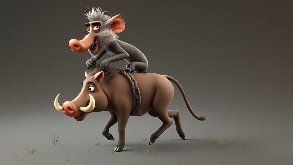 Comical Baboon Warthog Ride in Exaggerated Cartoon Style