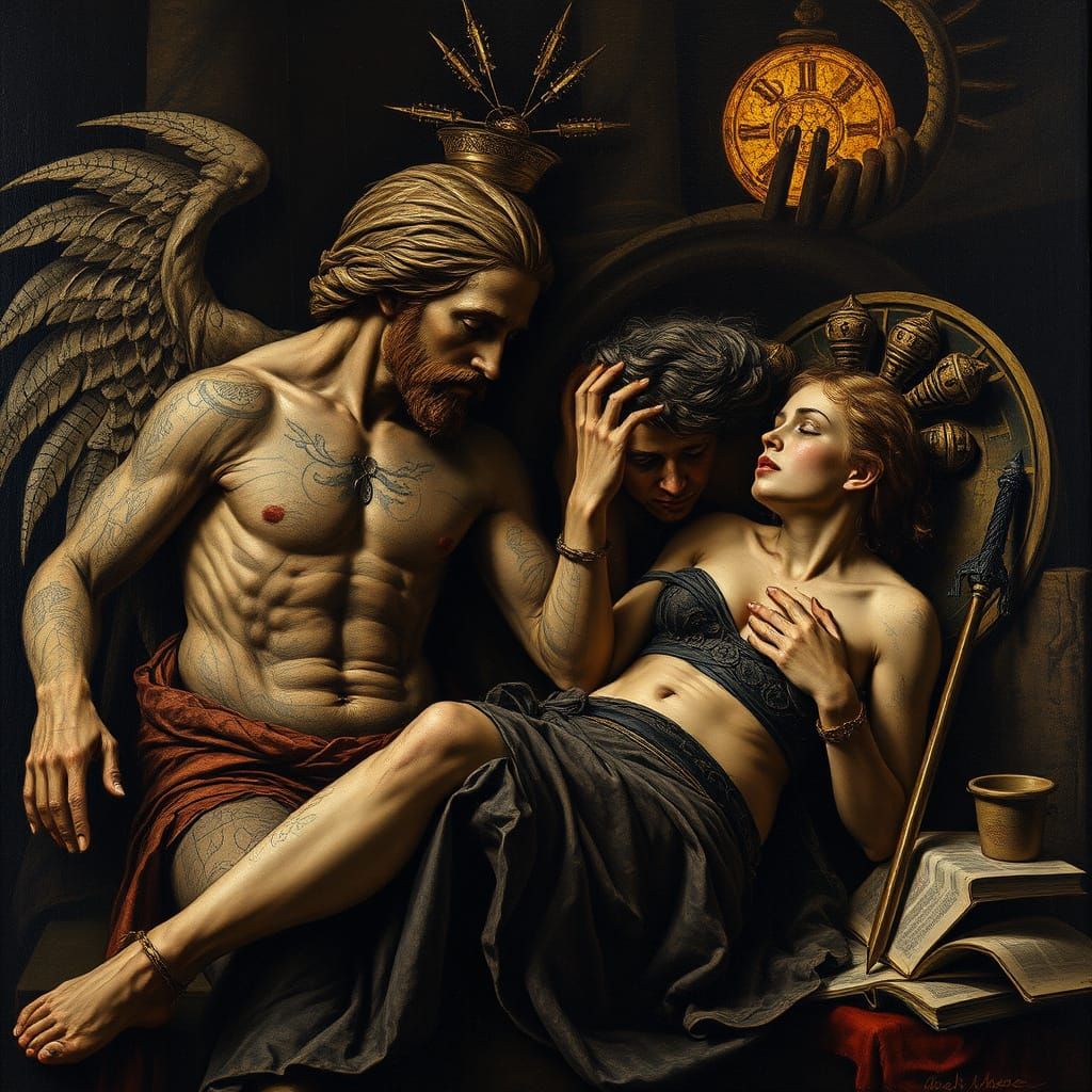 Dark Allegory in Mosaic Style Oil Painting