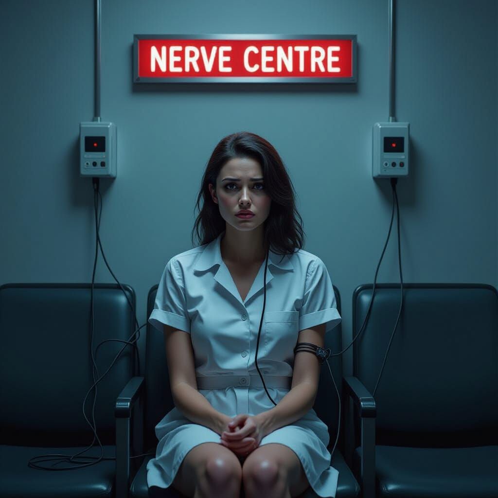 Woman Attached to Wires in Dystopian Waiting Room