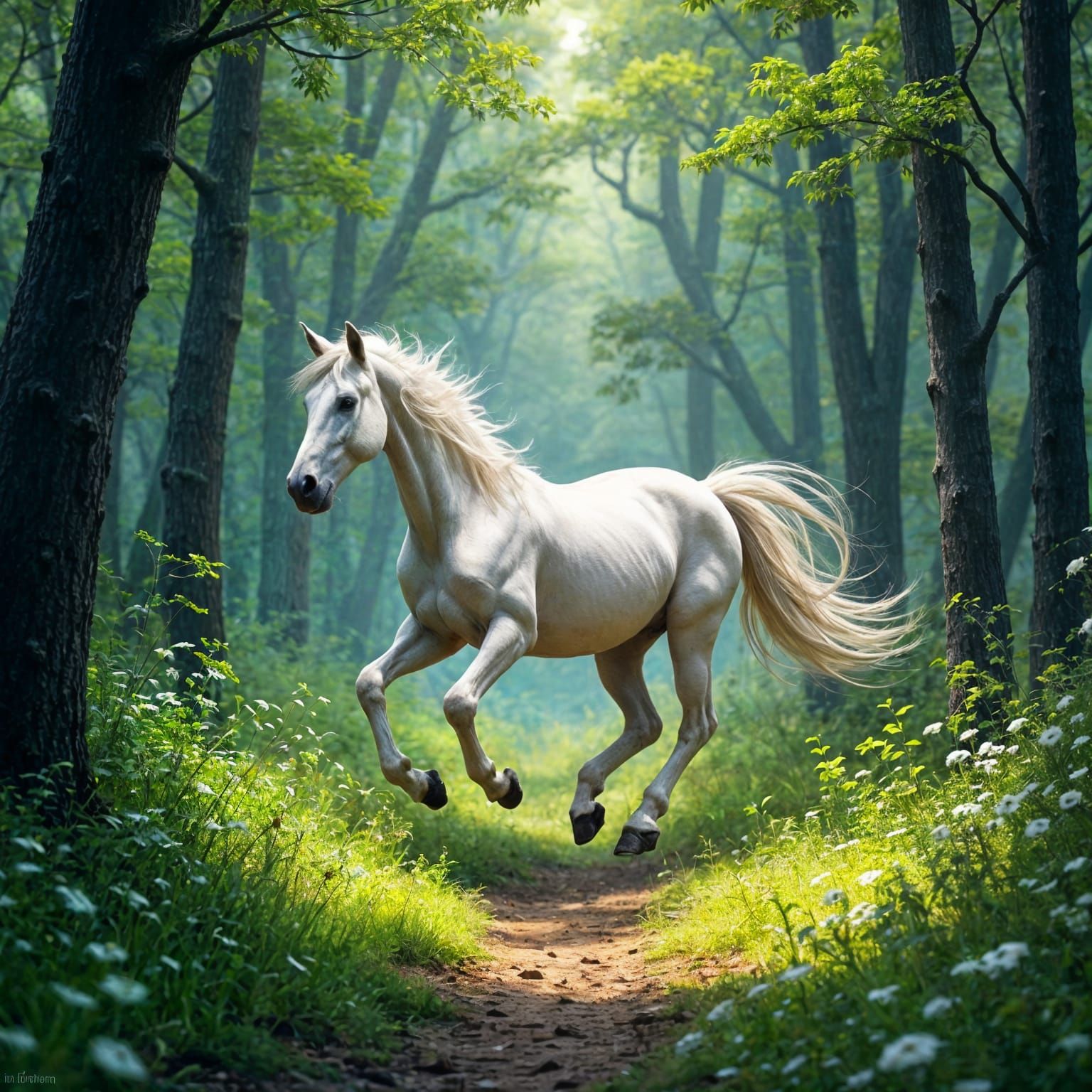 White Horse Running Wild Through Forest