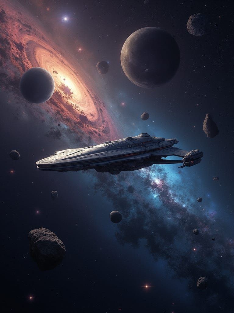 Sleek Starship Drifts Through Cosmic Landscape in a Dreamy, ...