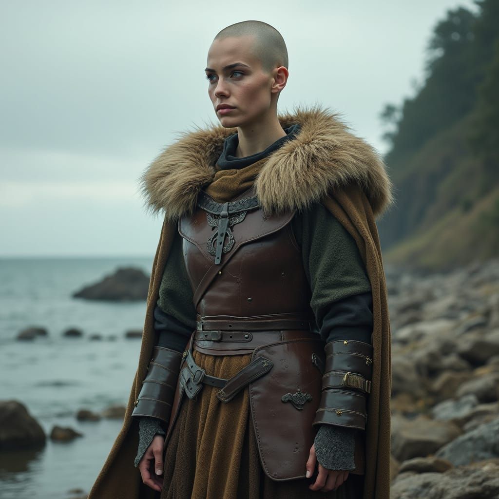 Bald Female Viking Warrior on Nordic Shore