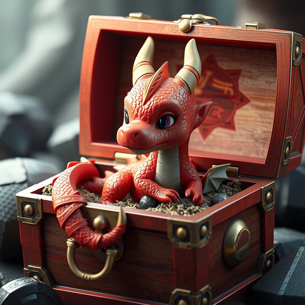 Red Dragon in Treasure Chest: 3D Anime Art