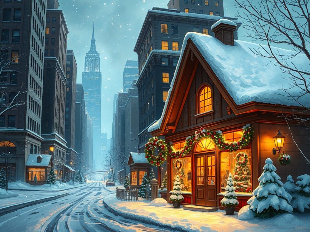 Enchanted Winter Market Scene in Whimsical Golden Light