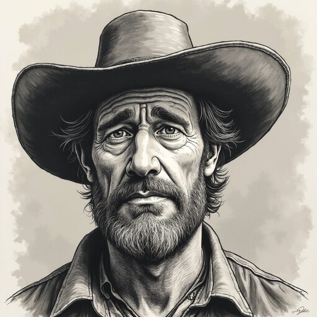Rugged Cowboy Portrait in Ink Drawing Style