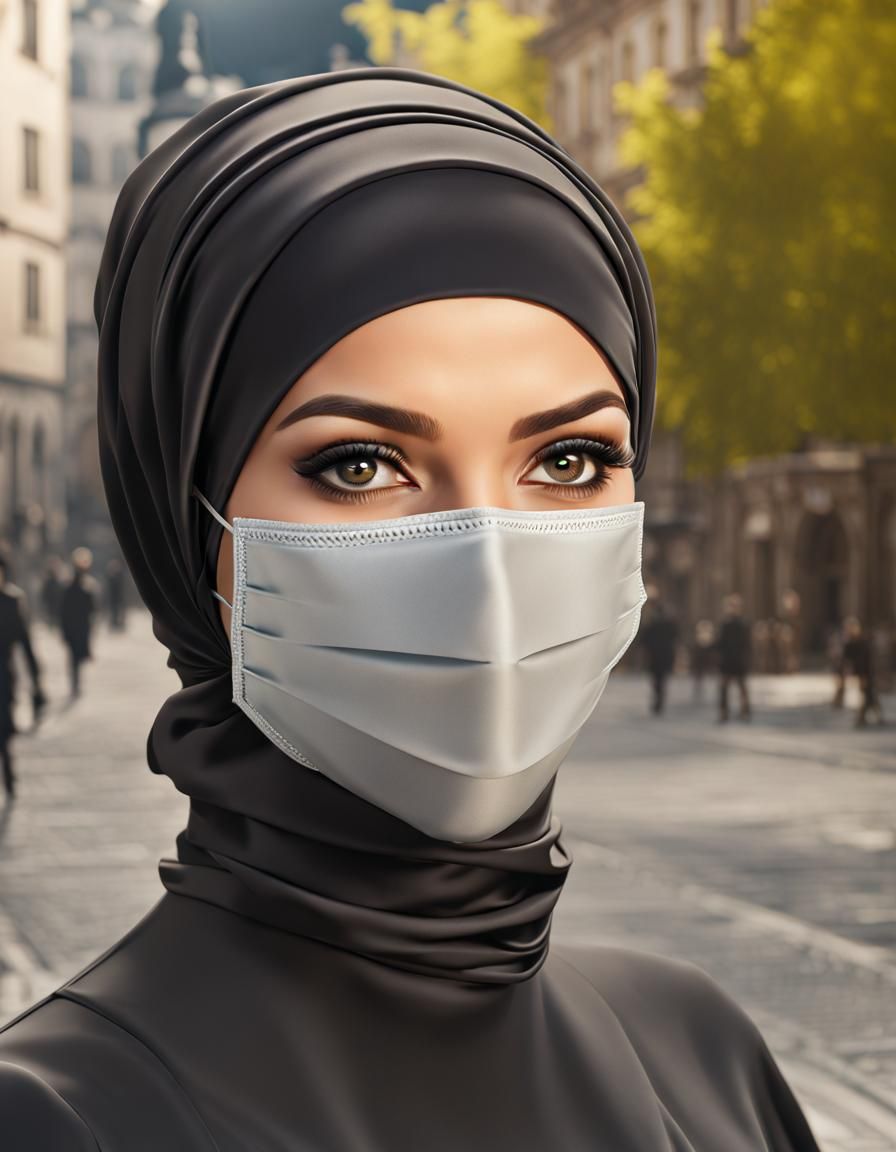 German Woman in Hijab and Mask, Detailed Matte Painting