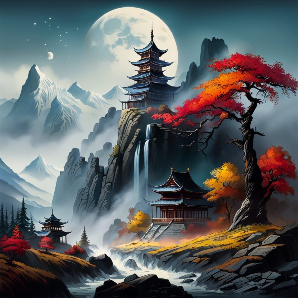 Chinese Mountain Scenery in Traditional Ink Style