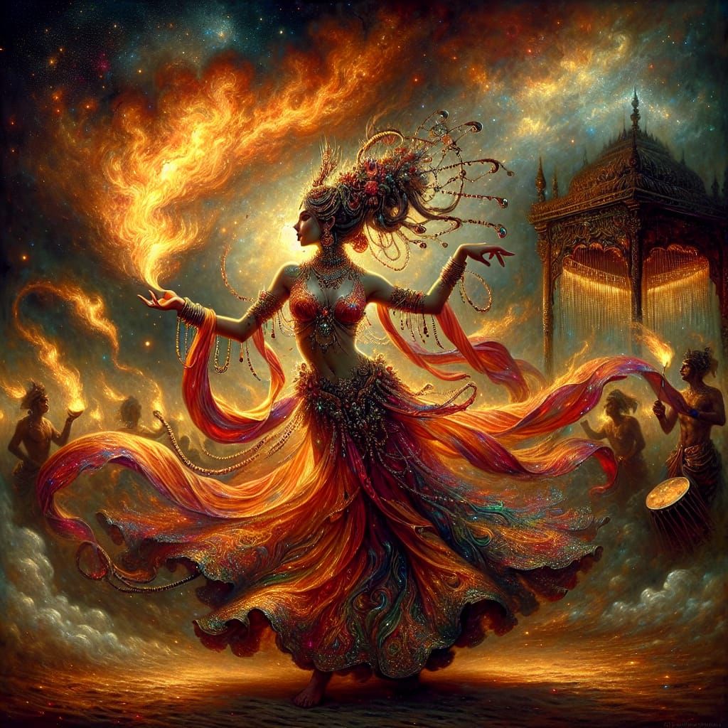 Woman Dancing with Flames Under Starry Sky